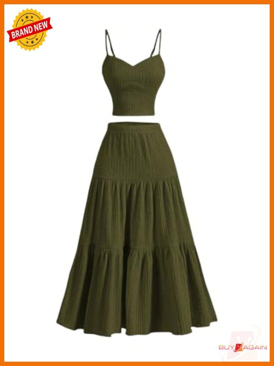 Other - 2 Piece Maxi Skirt Set Cami Crop Top Ruffle Hem Midi Skirt Vacation Outfits